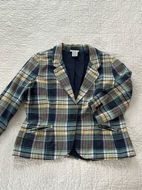 Chadwicks Y2K Navy/Multi Madras Plaid Single-Button Cotton Blazer Preppy Fun